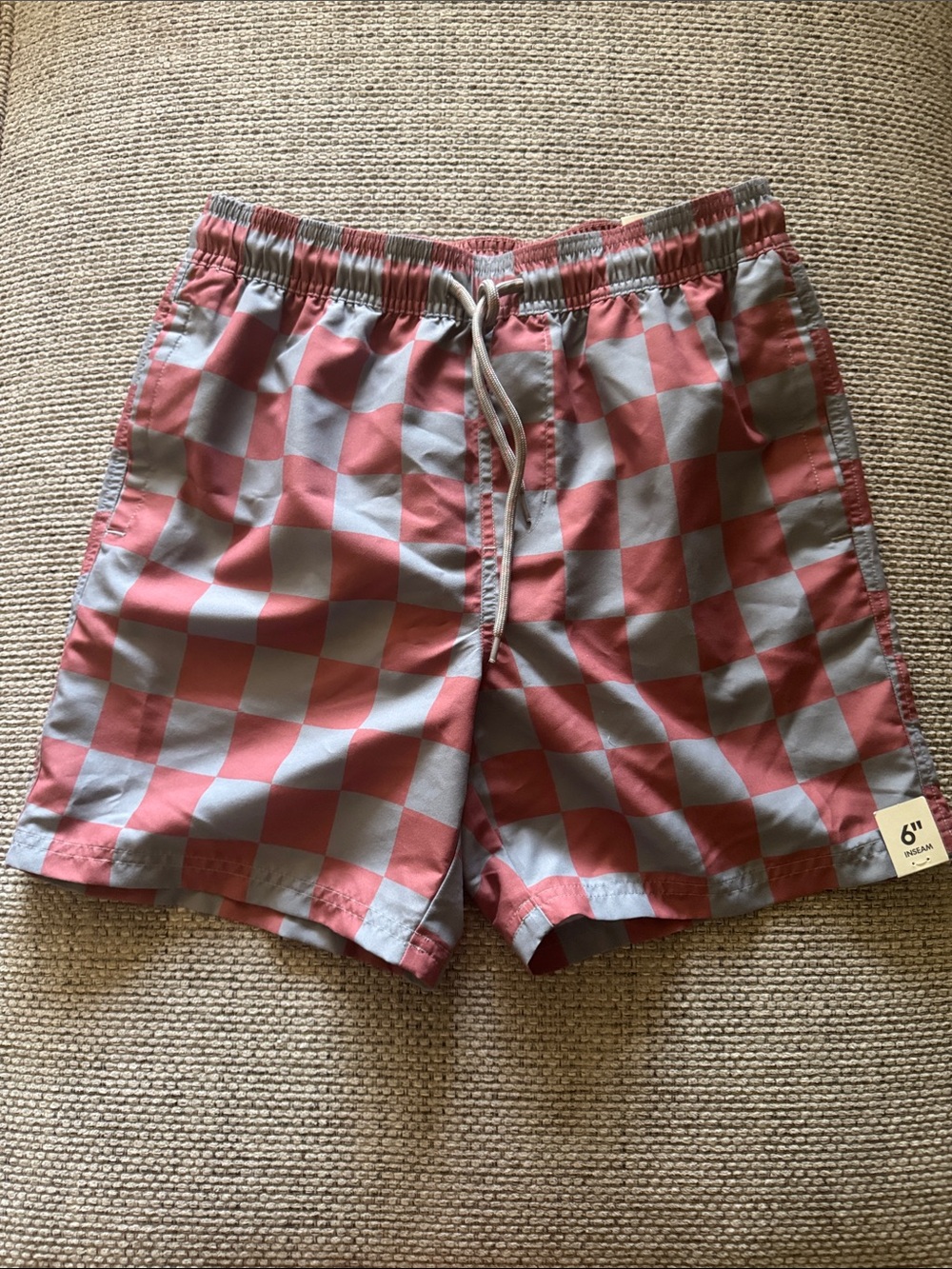 No Boundaries Coral & Light Gray Checker Swim Trunks